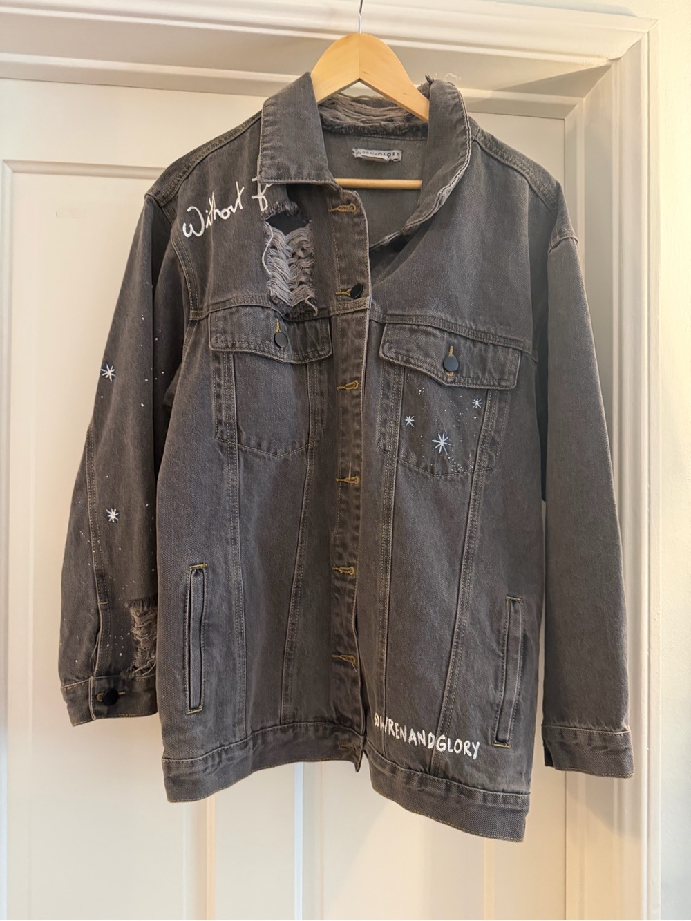 Oversized Gray Distressed Denim Jacket with White Paint Detail